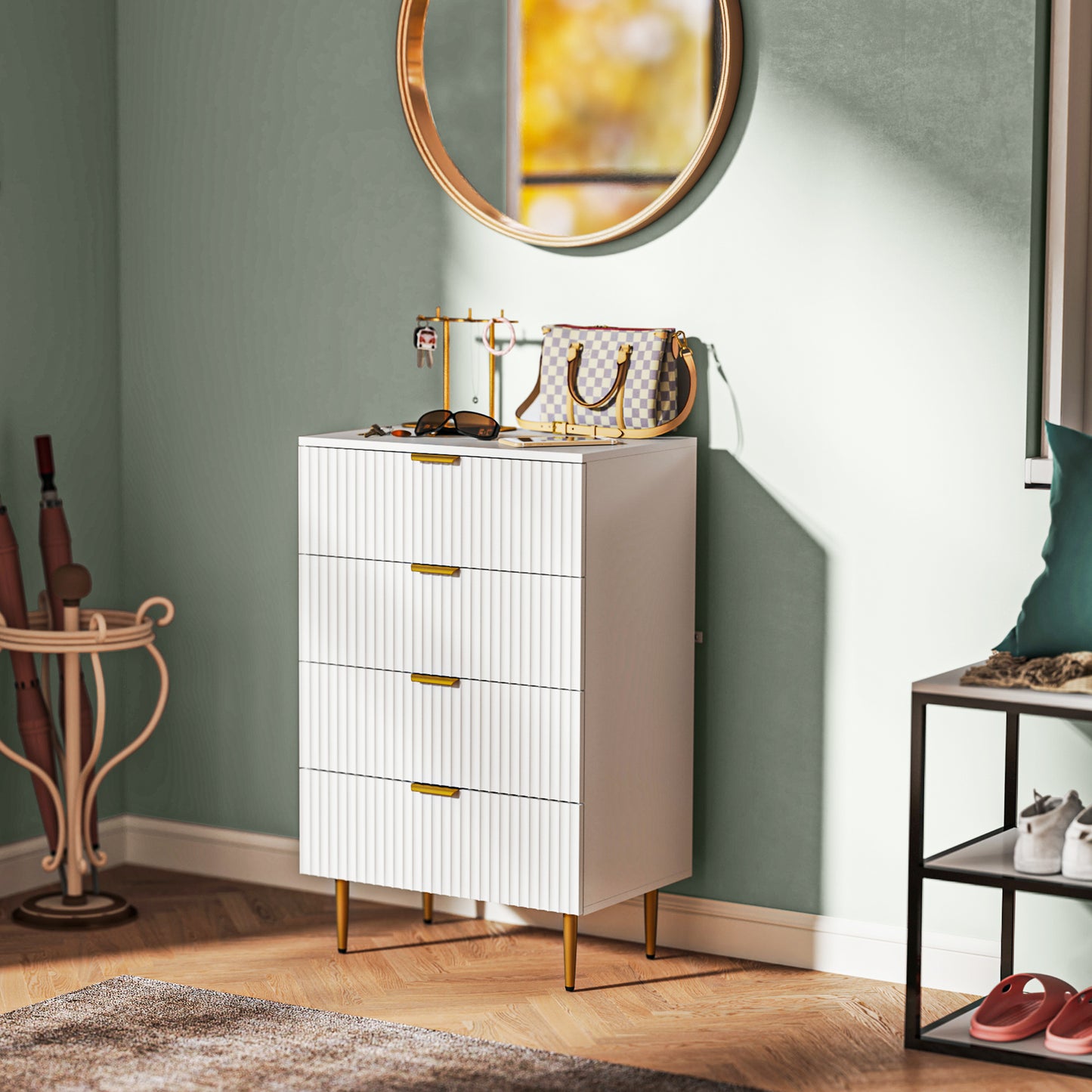 Modern Chest of Drawers 4 Drawer Dresser for Bedroom with Gold Legs and Handles, White