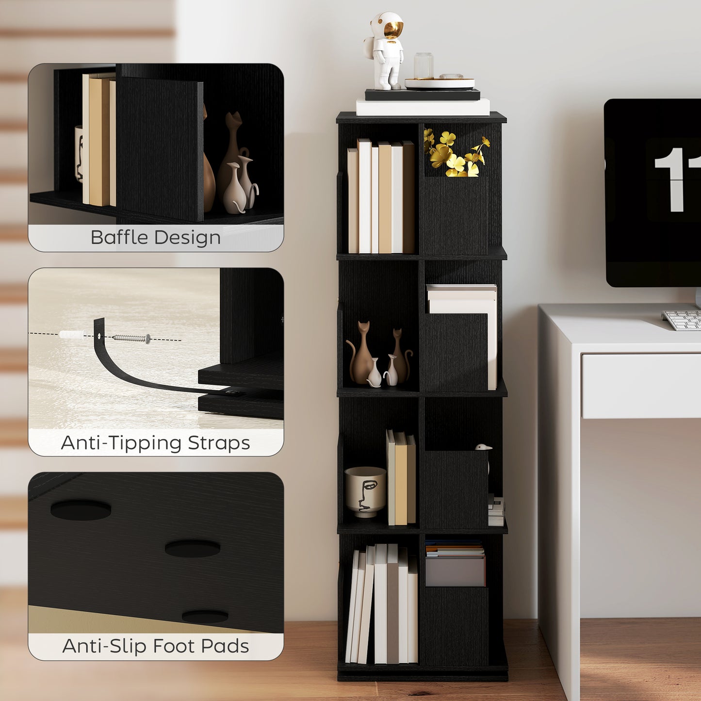 360° Rotating Bookcase with Anti-Tipping Straps and Anti-Slip Foot Pads, 4-Tier Bookshelf with 16 Cubbies, Black