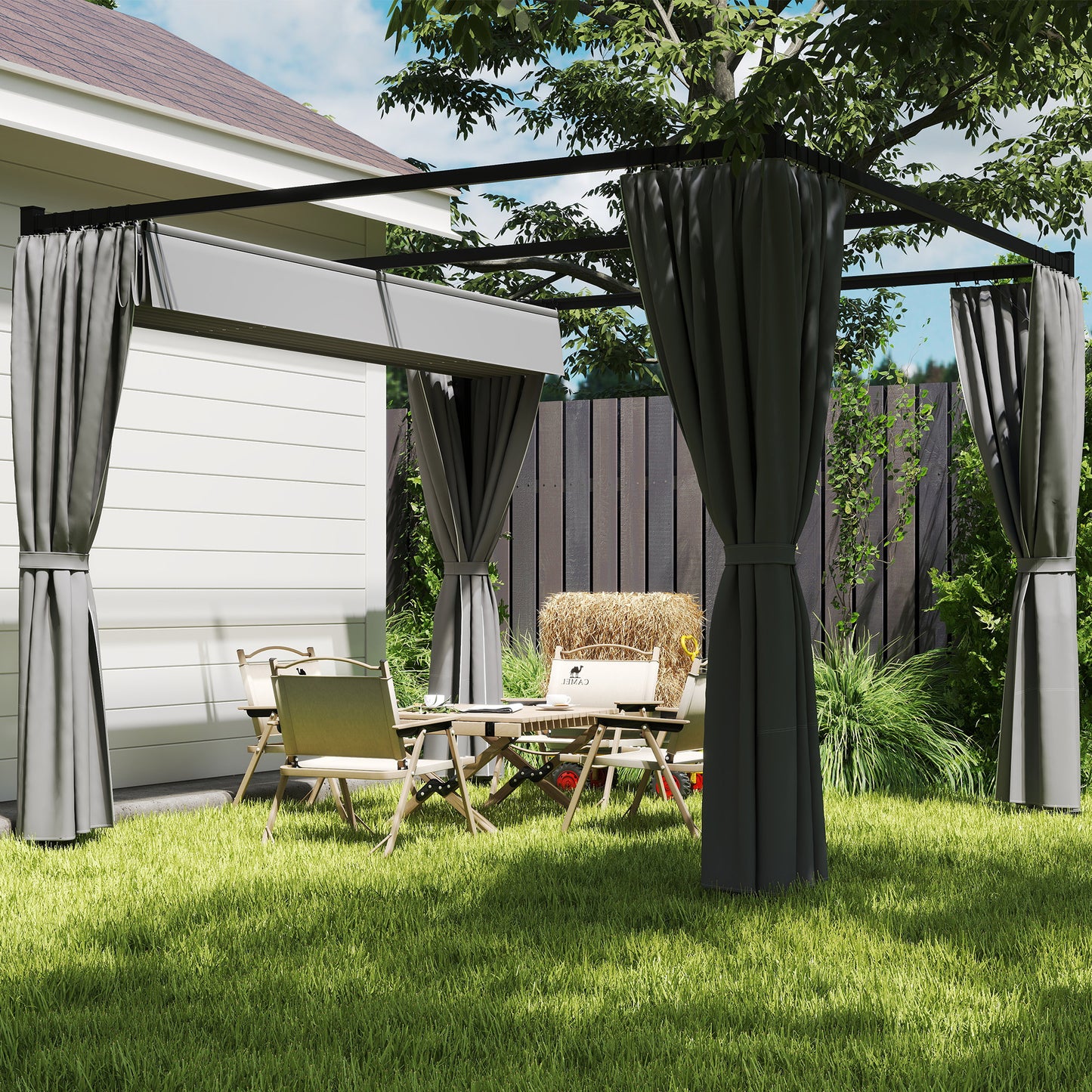 10' x 10' Retractable Pergola Canopy with Sidewalls, Metal Outdoor Gazebo Sun Shade Shelter, Light Grey