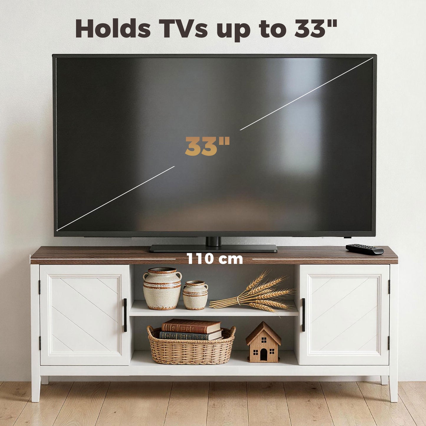 TV Stand for TVs up to 55 Inch, Entertainment Center with 2 Open Shelves, 2 Cabinets, Thick Top, White and Brown