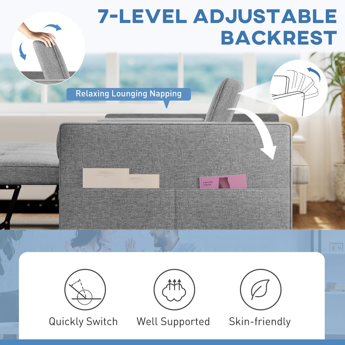 Pull Out Sofa Bed, Sleeper Sofa Couch with USB Ports, Small Linen Loveseat Futon Couch for Living Room, Grey