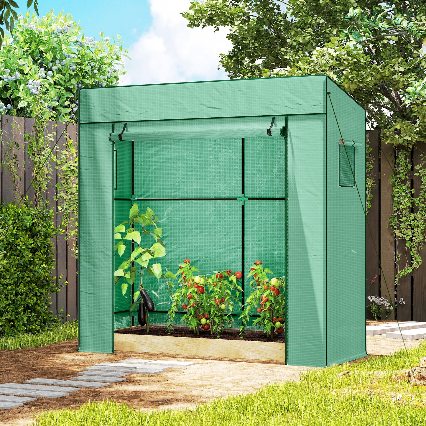 Walk-in Tomato Greenhouse Lean-to Green House with Reinforced PE Cover, Roll-up Door, Mesh Windows, Green