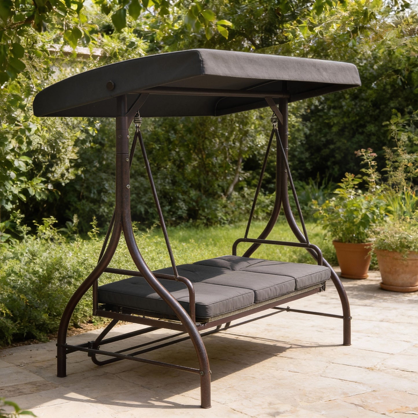 Convertible Patio Swing Bed with Canopy and Cushions, 3 Seater Porch Swing for Outdoor, Backyard, Garden, Black