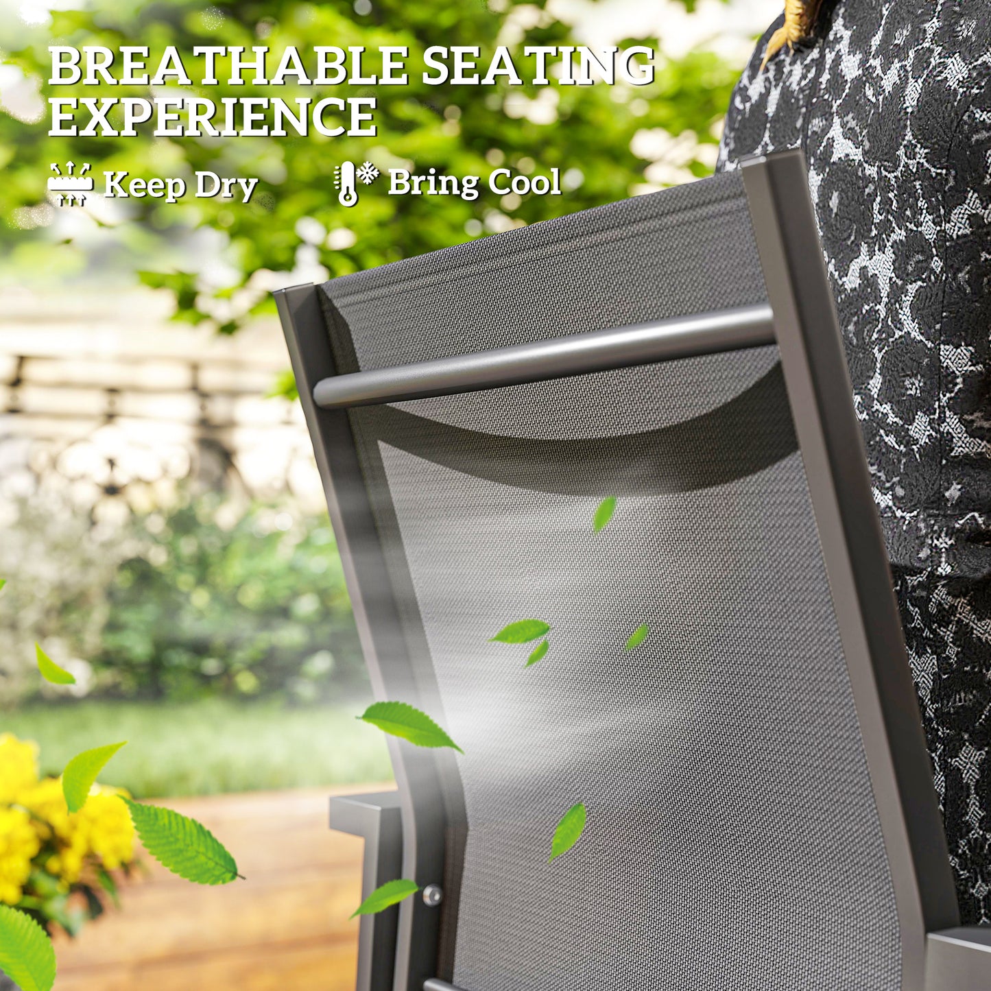 Set of 2 Outdoor Stackable Garden Dining Chairs, Patio Chairs with Breathable Fabric Seat, Armrests and Backrest for Patio, Balcony and Backyard, Dark Grey