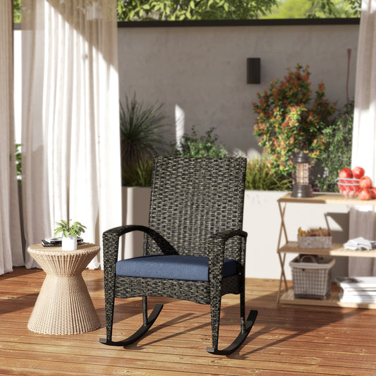 Outdoor Rocking Chair, Patio Wicker Chair Removable Cushion, High Back and Armrests for Porch Balcony, Navy Blue - Blue