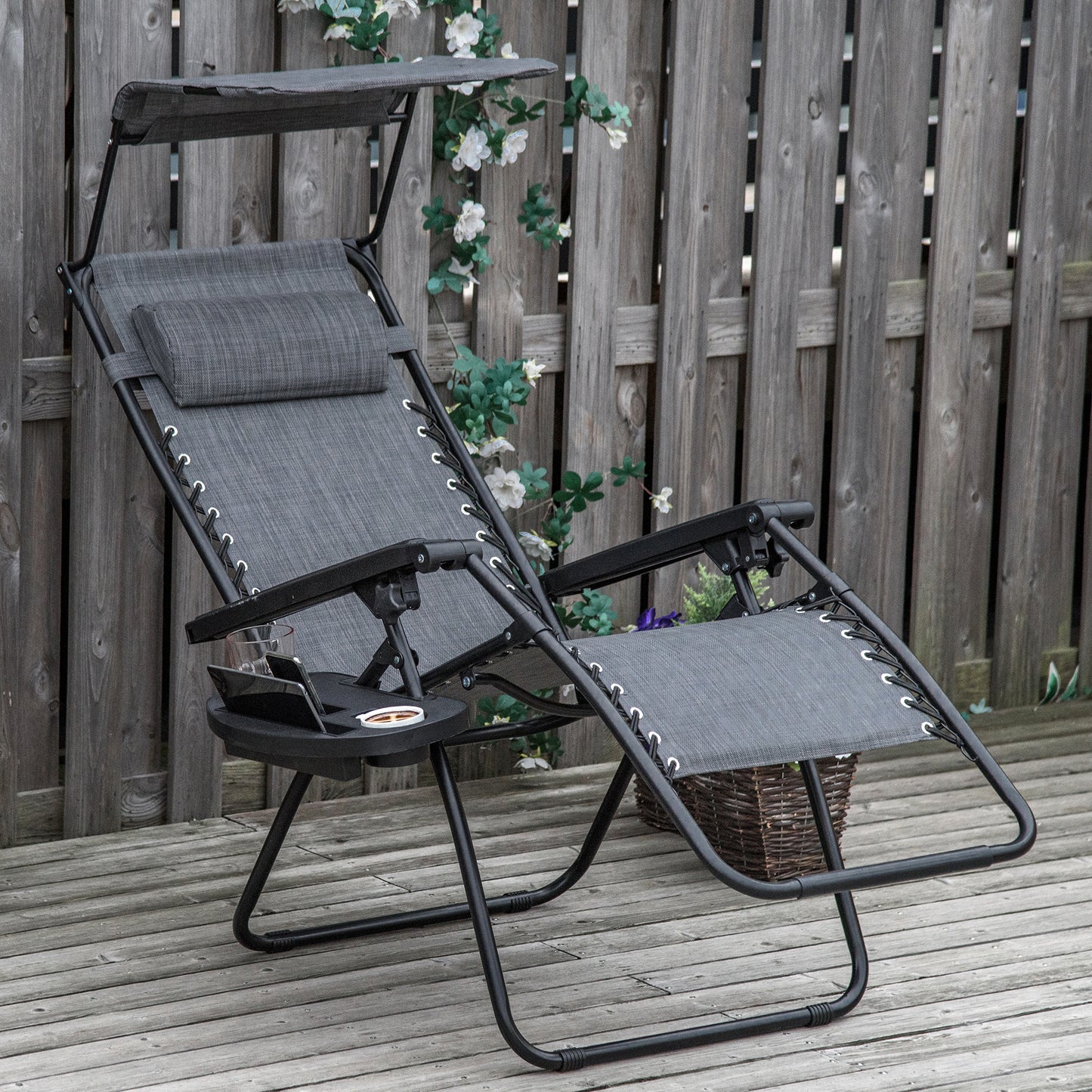 Outdoor Zero Gravity Reclining Lounger Chair with Canopy Shade, Side Tray, Cupholder, Light Grey