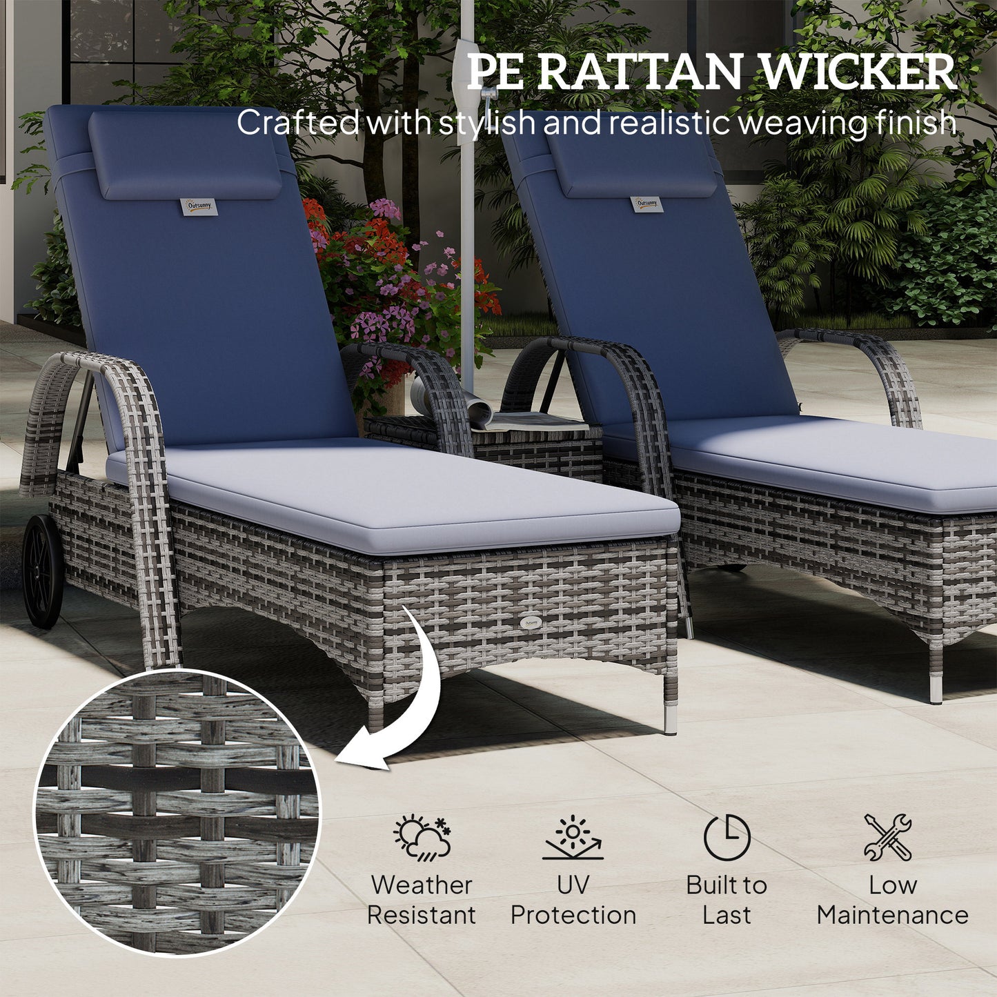3 Pieces Wicker Patio Lounger Set with Table, PE Rattan Outdoor Lounge Chair Set with Cushions, Wheels, 5-Level Reclining Backrest, Headrest, Grey