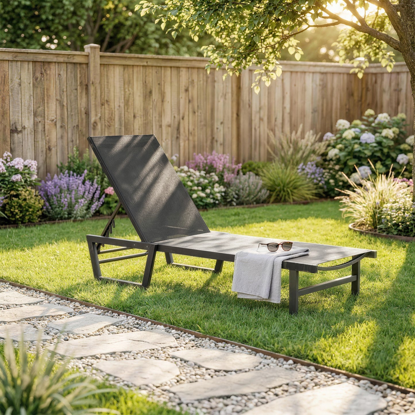 Lounge Chair Outdoor, 63 cm Wide Chaise Lounge Tanning Chair, 4-Position Outdoor Tanning Lounger, Dark Grey