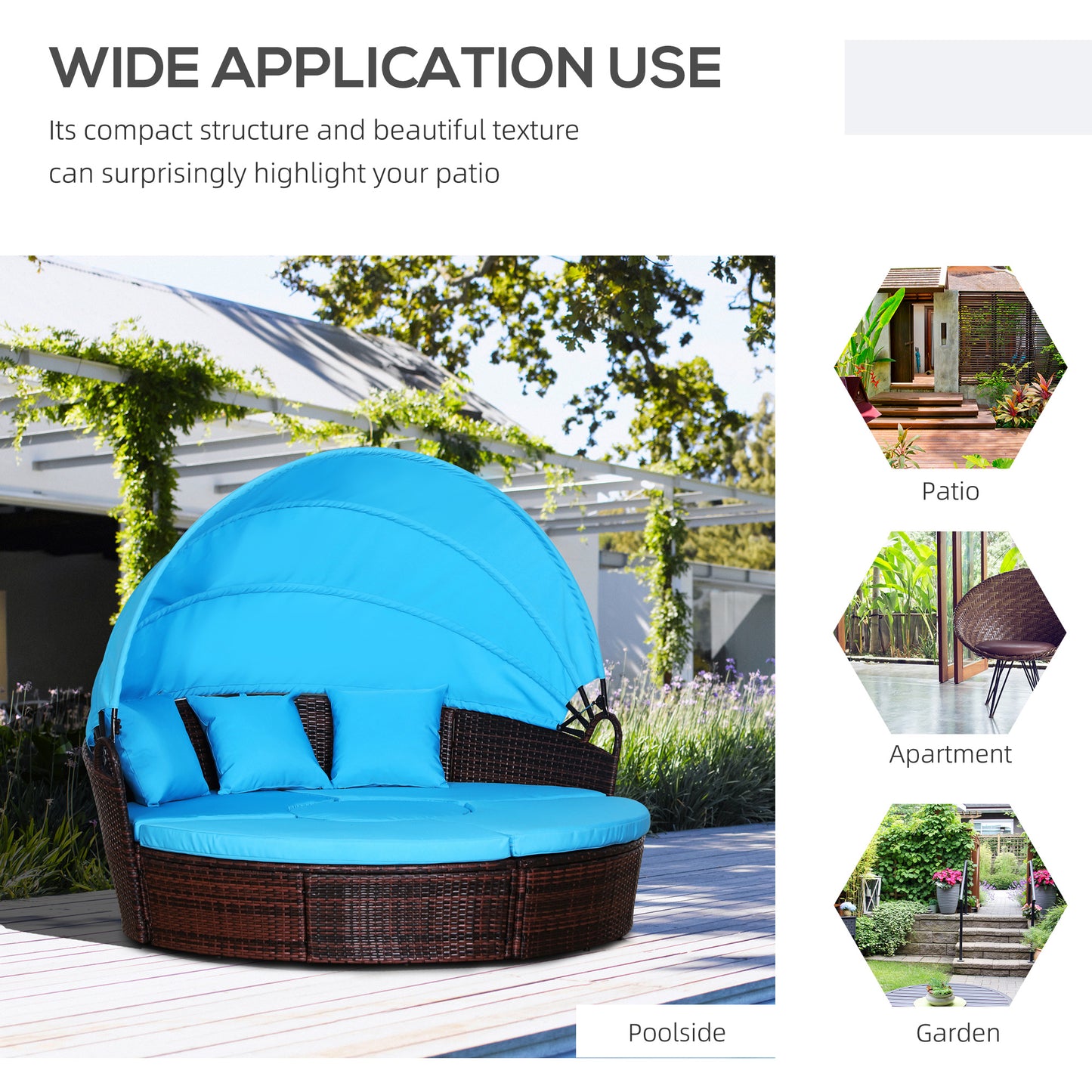 4 Pieces Outdoor Daybed with Retractable Canopy, Wicker Lounger Bed, Conversation Furniture Set, Dark Blue