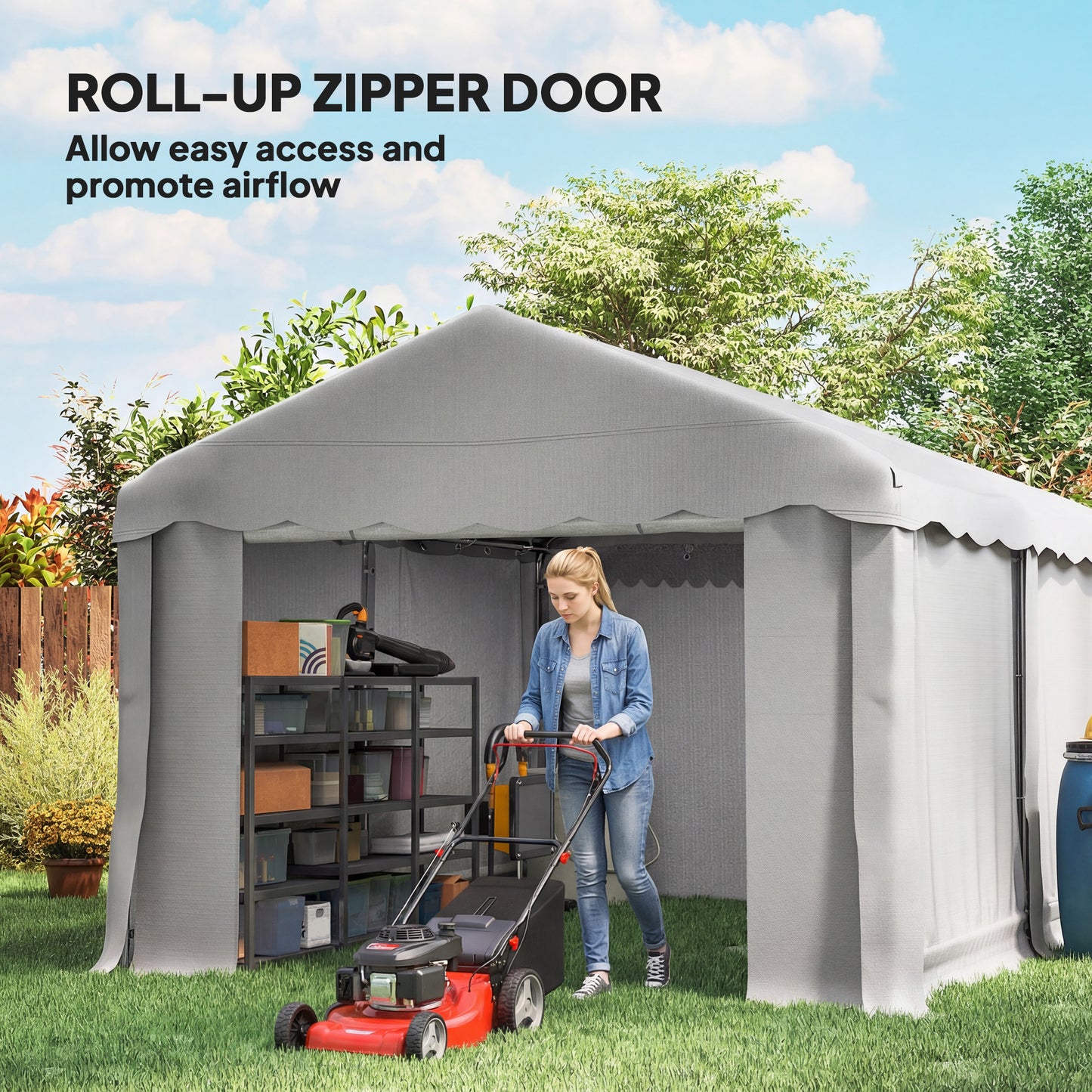 Portable Shed, Outdoor Storage Shed Tent with Roll-up Zipper Door and Removable Sidewalls, Light Grey