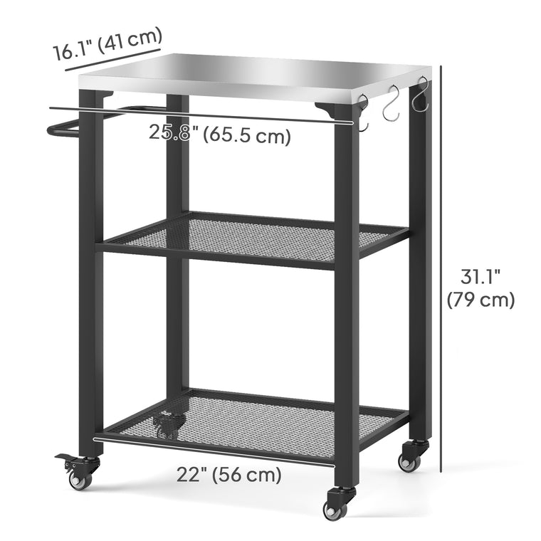 3-Shelf Grill Cart with Stainless Steel Top & Wheels