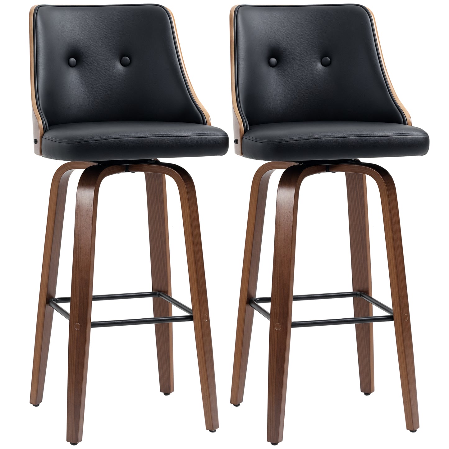 Bar Height Bar Stools Set of 2, PU Leather Upholstered Swivel Barstools with Solid Wood Legs Footrest and Tufted Back, Black