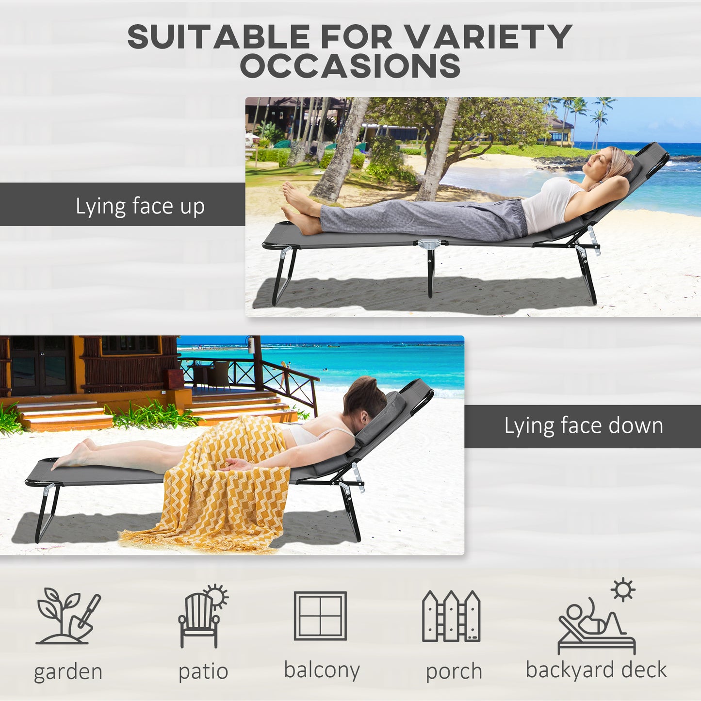 Folding Lounge Chair Set of 2, Reclining Beach Tanning Chair with Face Hole, Pillow, 4-Position Adjustable Flat Sun Lounger, Steel Frame for Outdoor Patio Pool, Green