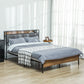 Queen Size Bed Frame with Charging Station, Queen Bed Frame with Upholstered Headboard and Storage Shelf, Walnut