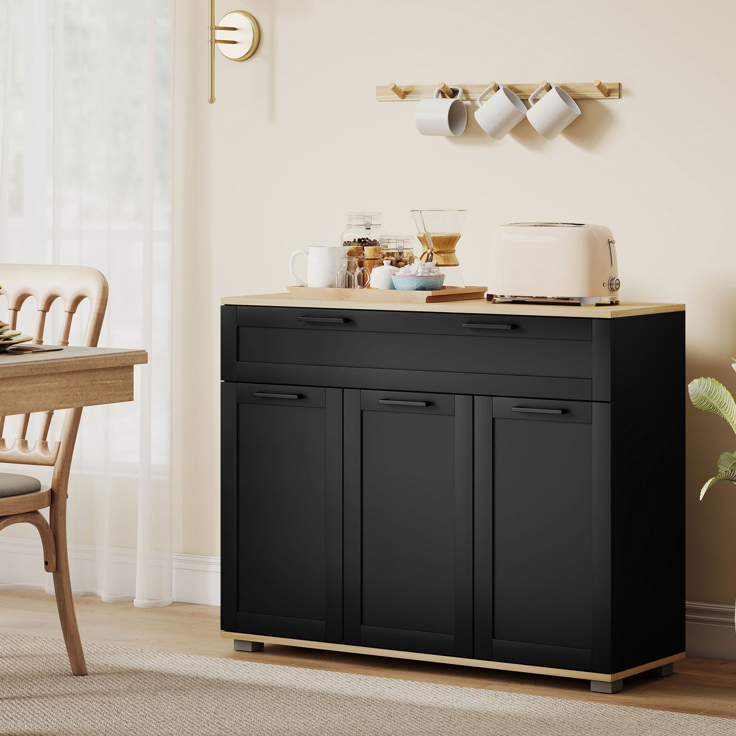 Sideboard Buffet Cabinet, Modern 40" Coffee Bar Cabinet with Wide Drawer, 3 Doors and 2 Adjustable Shelves, Black