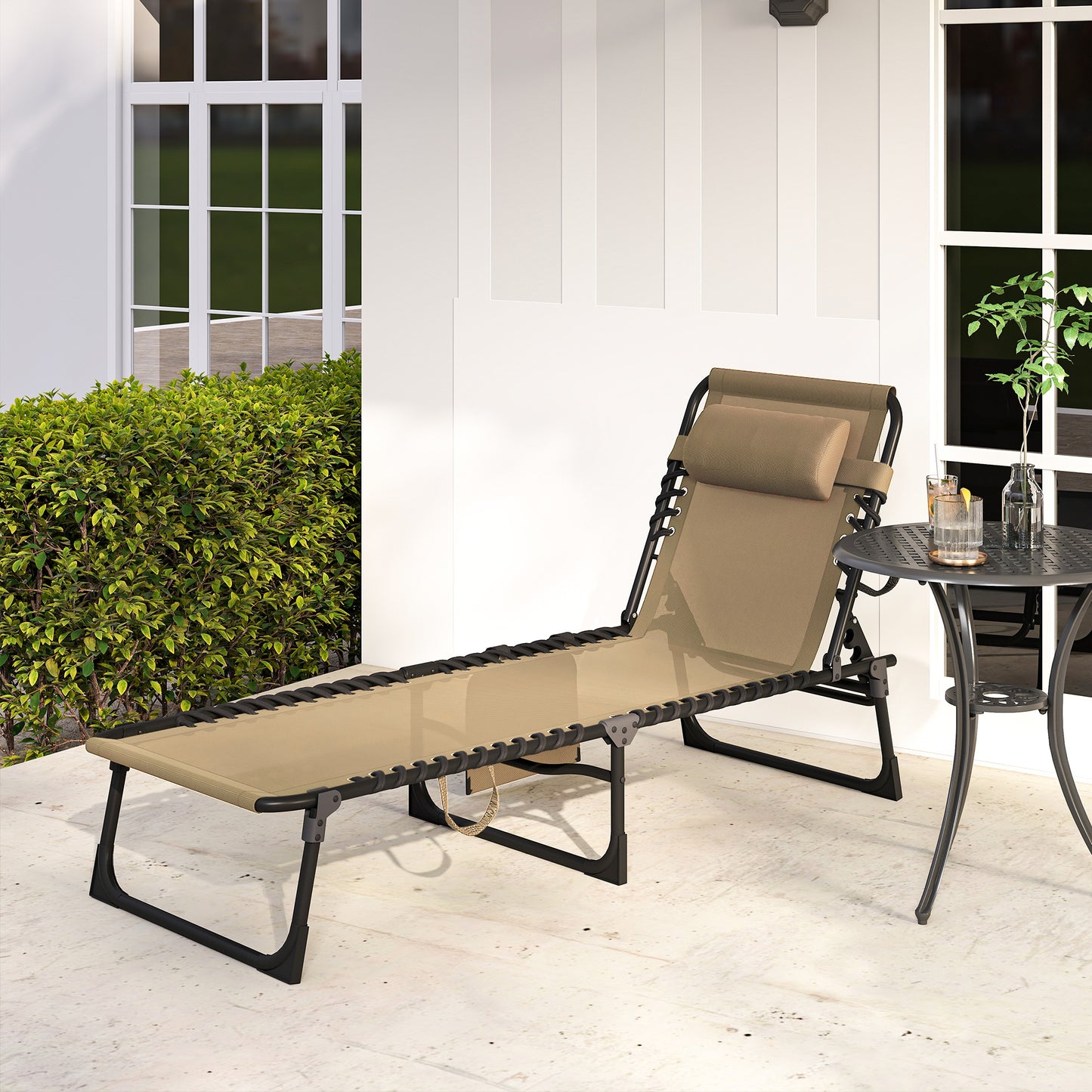 Outdoor Folding Chaise Lounge, Reclining Lounge Chair with Adjustable Backrest and Removable Pillow, Beige