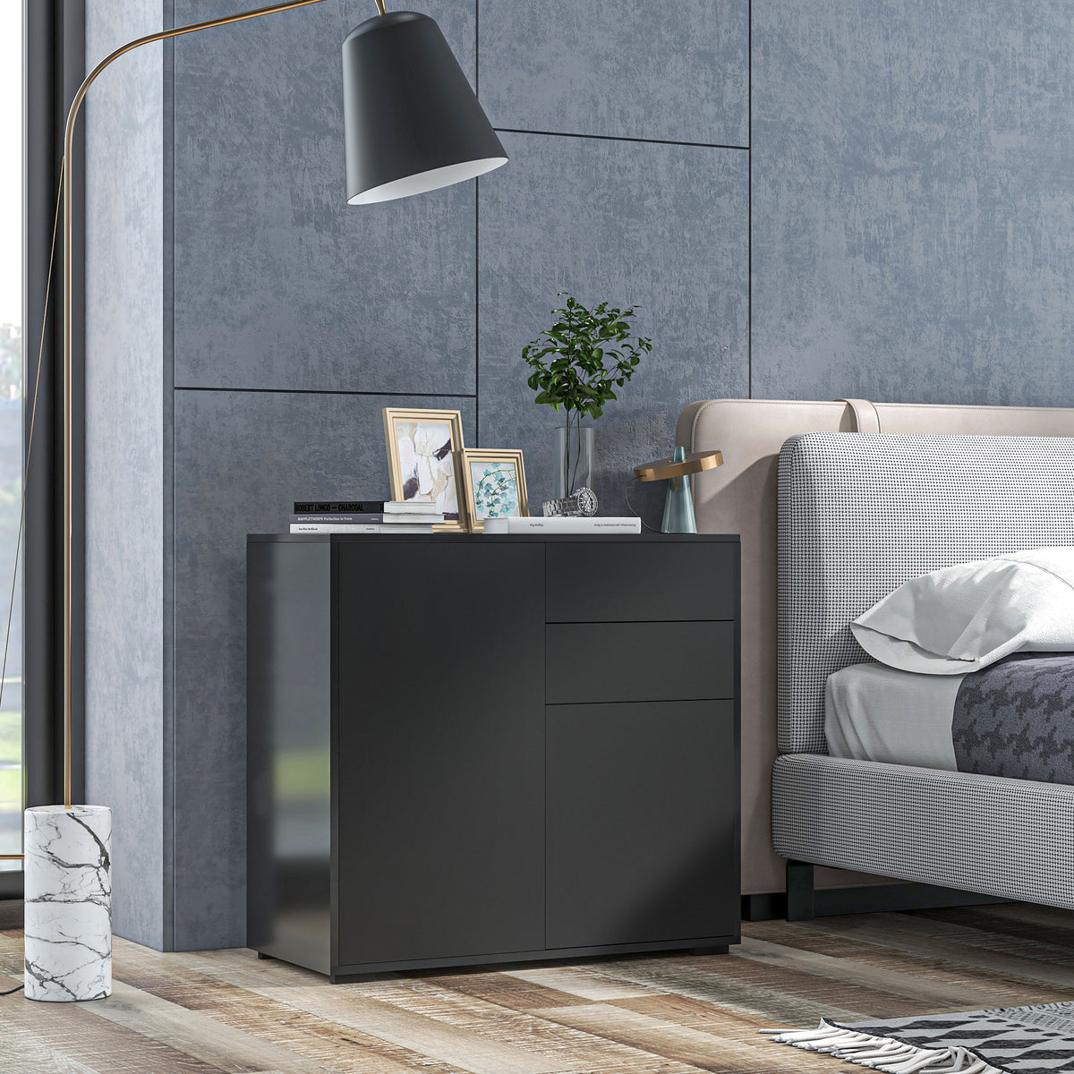 High Gloss Buffet Sideboard with 2 Drawers, 2 Doors and Adjustable Shelf, Kitchen Storage Cabinet with Push Open Design, Black