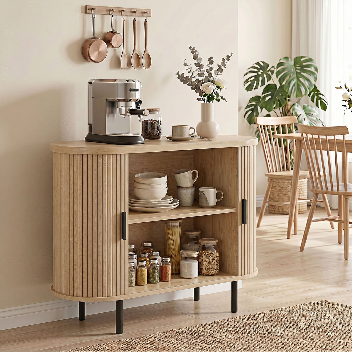 Sideboard Buffet Cabinet with Curved Tambour Doors and Storage, Natural Wood