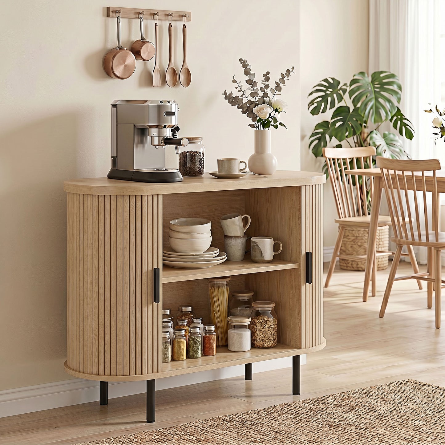 Sideboard Buffet Cabinet with Curved Tambour Doors and Storage, Natural Wood