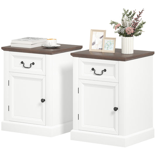 Set of 2 End Tables with Drawer and Cabinet - White