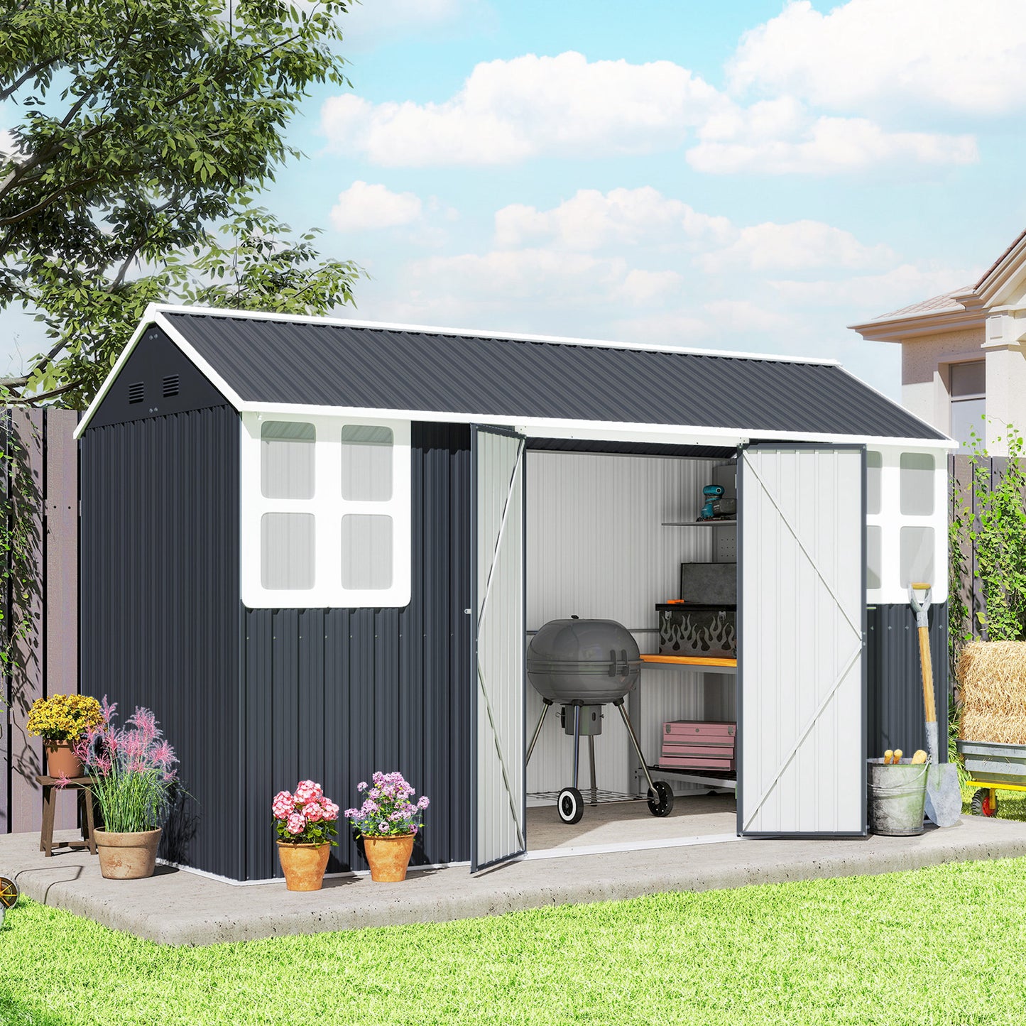 Metal Garden Storage Shed, Outdoor Tool Storage House with Lockable Door, Vents, Sloped Roof, Light Grey