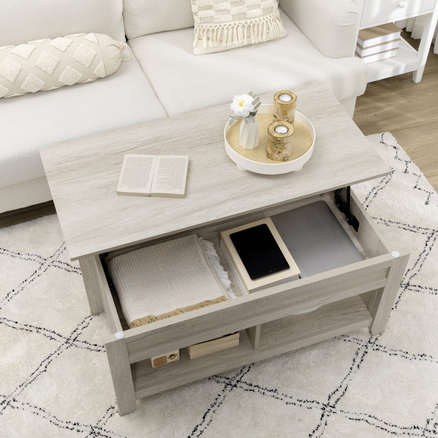Lift Top Coffee Table with Hidden Storage Compartment and Open Shelves, Lift Tabletop Pop-Up Center Table for Living Room, Oak Effect