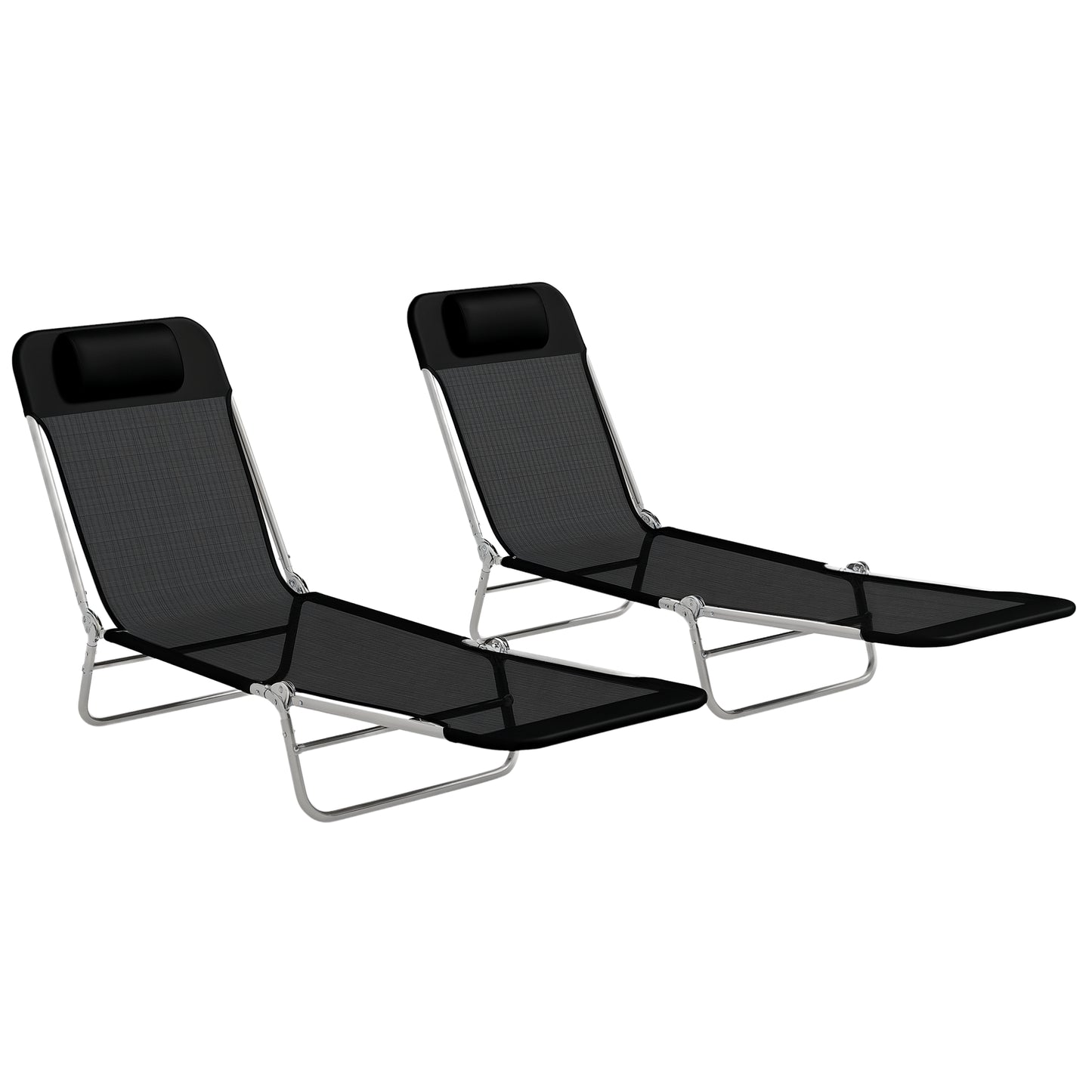 Folding Outdoor Lounge Chair Set of 2, Reclining Tanning Chair with 5-Position Adjustable Backrest, Black
