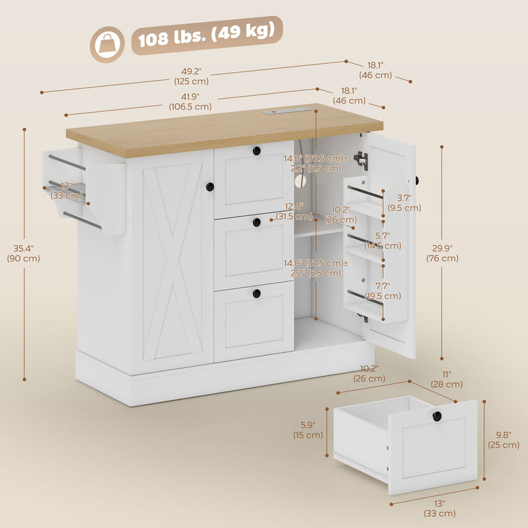 49" Farmhouse Kitchen Island Cart with Power Outlet