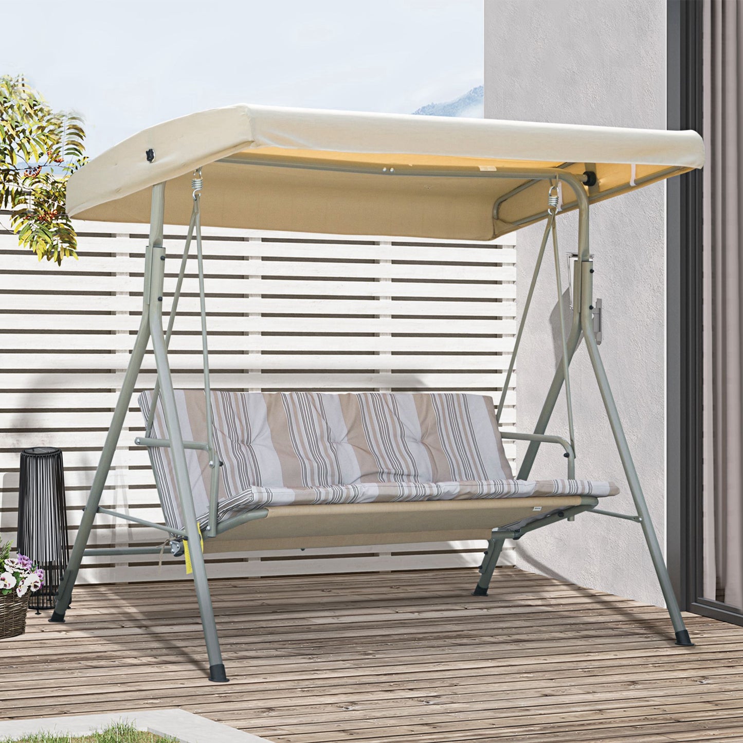 3-Seat Patio Swing Chair, Outdoor Porch Swing Glider with Adjustable Canopy, Light Brown