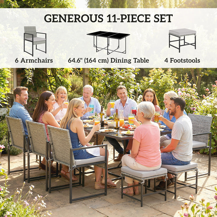 11-Piece Wicker Dining Set with 6 Armchairs, 4 Stools