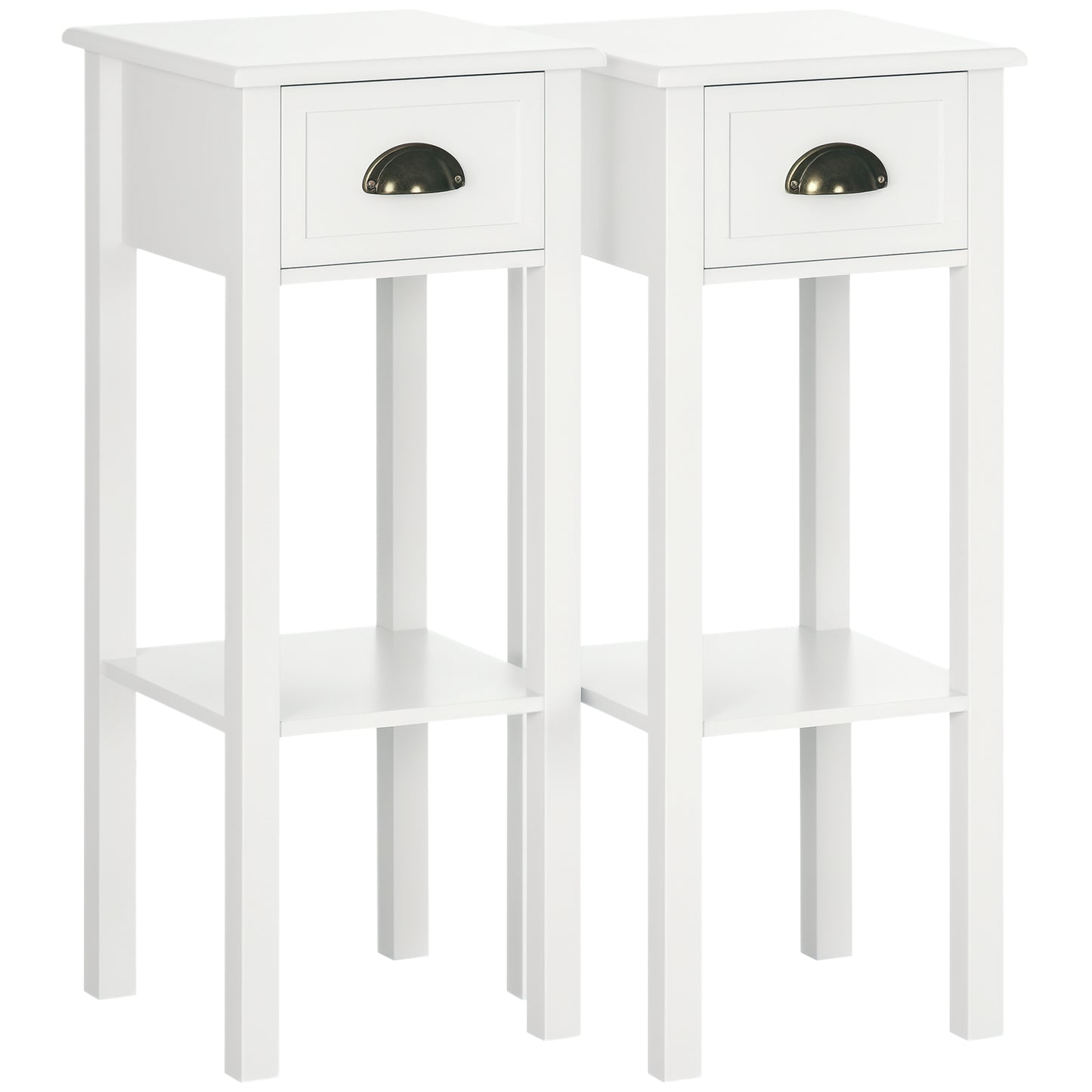 2 Tier Side Table, Set of 2, Narrow Tall End Table with Drawer and Shelf, Slim Wooden Nightstand for Living Room, Bedroom, Hallway, White