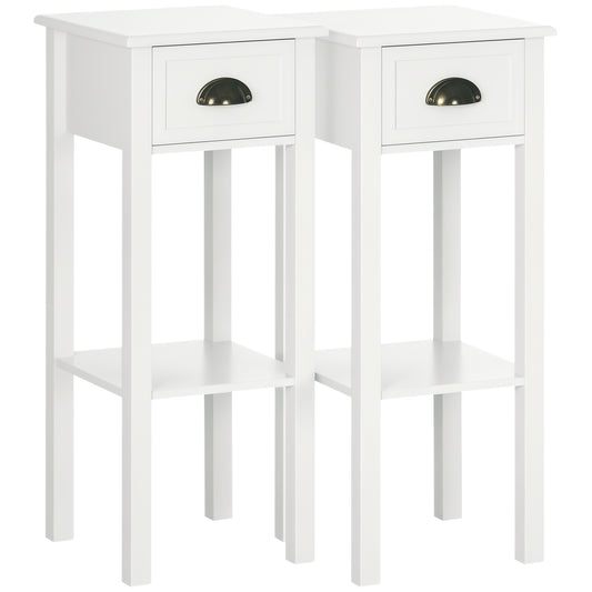 Set of 2 Slim End Tables with Drawer and Shelf - White
