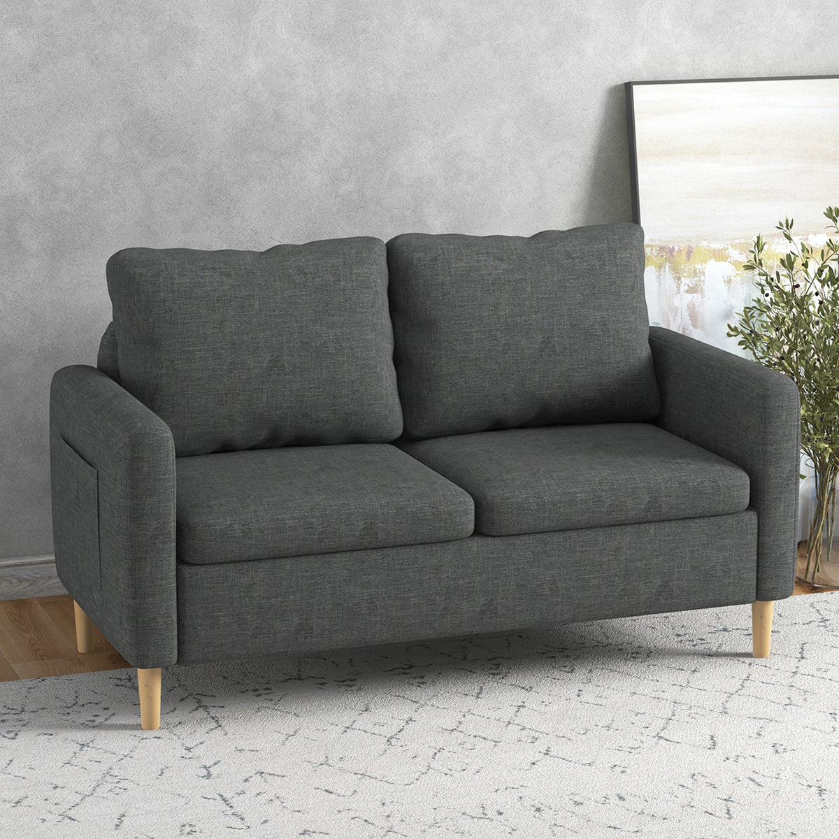 56" 2 Seat Sofa, Modern Love Seats Furniture, Upholstered 2 Seater Couch with Side Pockets, Solid Wood Frame, Grey