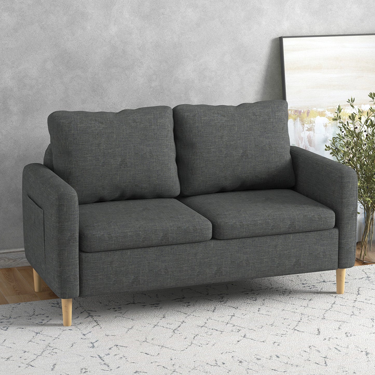 56" 2 Seat Sofa, Modern Love Seats Furniture, Upholstered 2 Seater Couch with Side Pockets, Solid Wood Frame, Grey