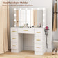 Makeup Vanity Desk with Mirror and Lights, Dressing Table with 7 Drawers, 6 Hidden Sliding Storage Compartments, White