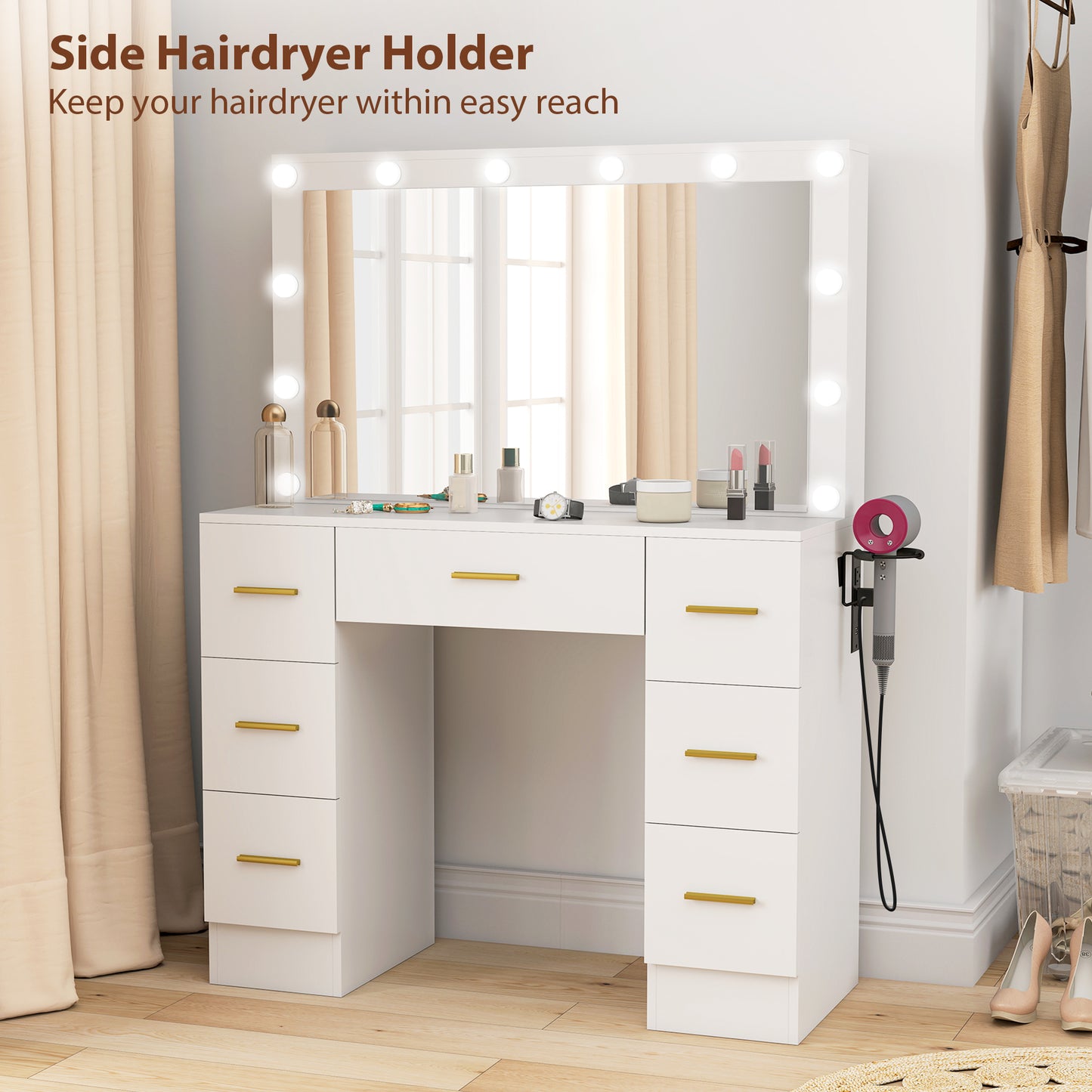 Makeup Vanity Desk with Mirror and Lights, Dressing Table with 7 Drawers, 6 Hidden Sliding Storage Compartments, White