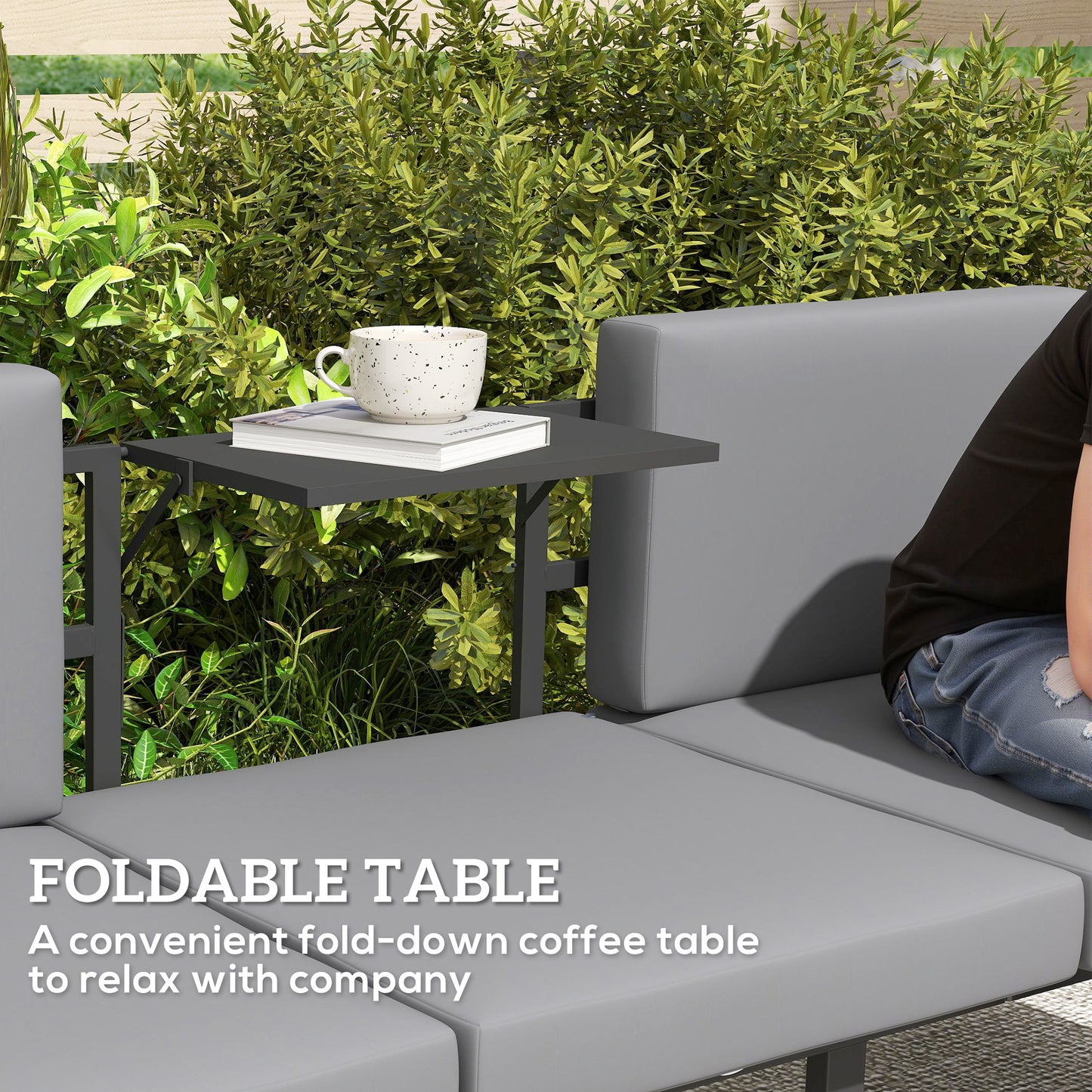 3-in-1 3-Seater Outdoor Sofa, Lounge Chair with 5-Position Adjustable Back, Patio Loveseat with Folding Table, Grey