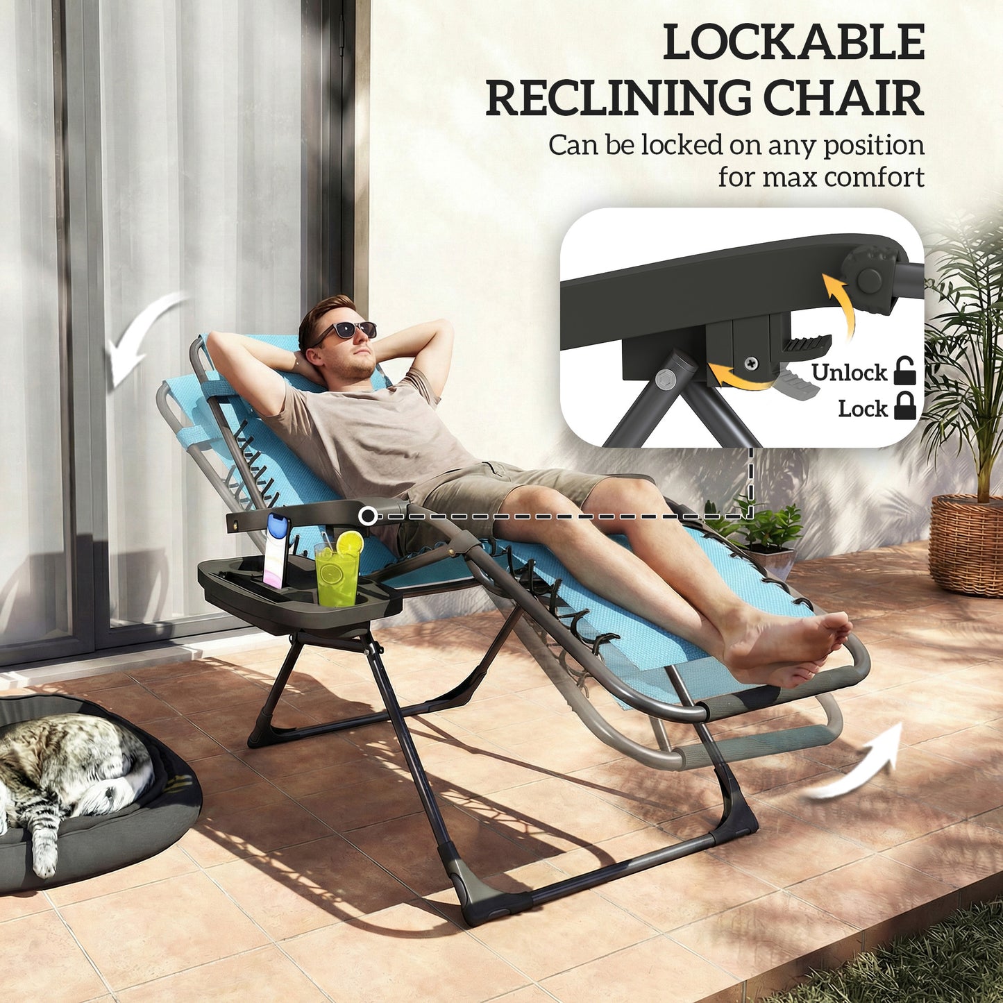 Zero Gravity Chair Set of 2, Folding Reclining Outdoor Lounge Chair with Cup Holder, Headrest, Sky Blue