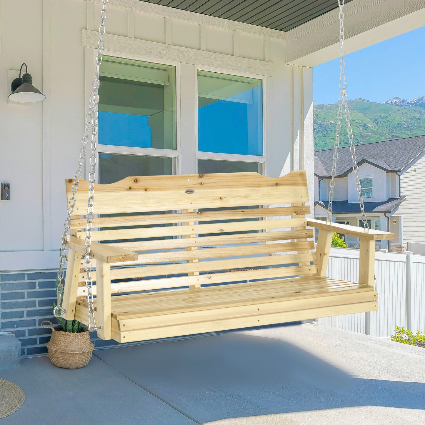 2-Seater Porch Swing, Patio Swing Bench with Adjustable Hanging Chains for Deck, Patio, Garden, Backyard, Natural Wood