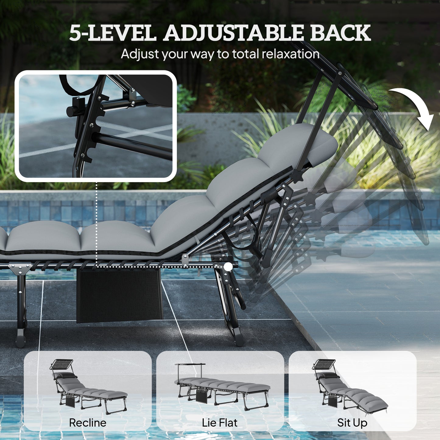 Lounge Chair Outdoor, Folding Chaise Lounge with 5-Level Adjustable Back, Cushion, Side Pocket and Headrest