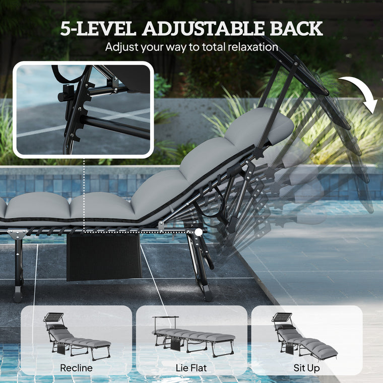 Folding Chaise Lounge with 5-Level Back and Headrest