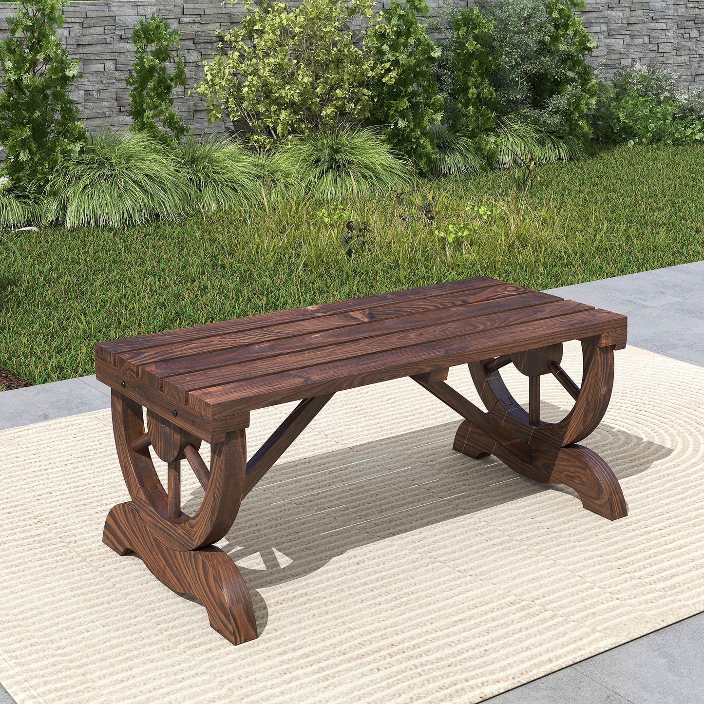 Rustic Wood Wheel Outdoor Garden Bench for 2-Person with a Unique Wheel Design on the Legs & Strong Build, Brown