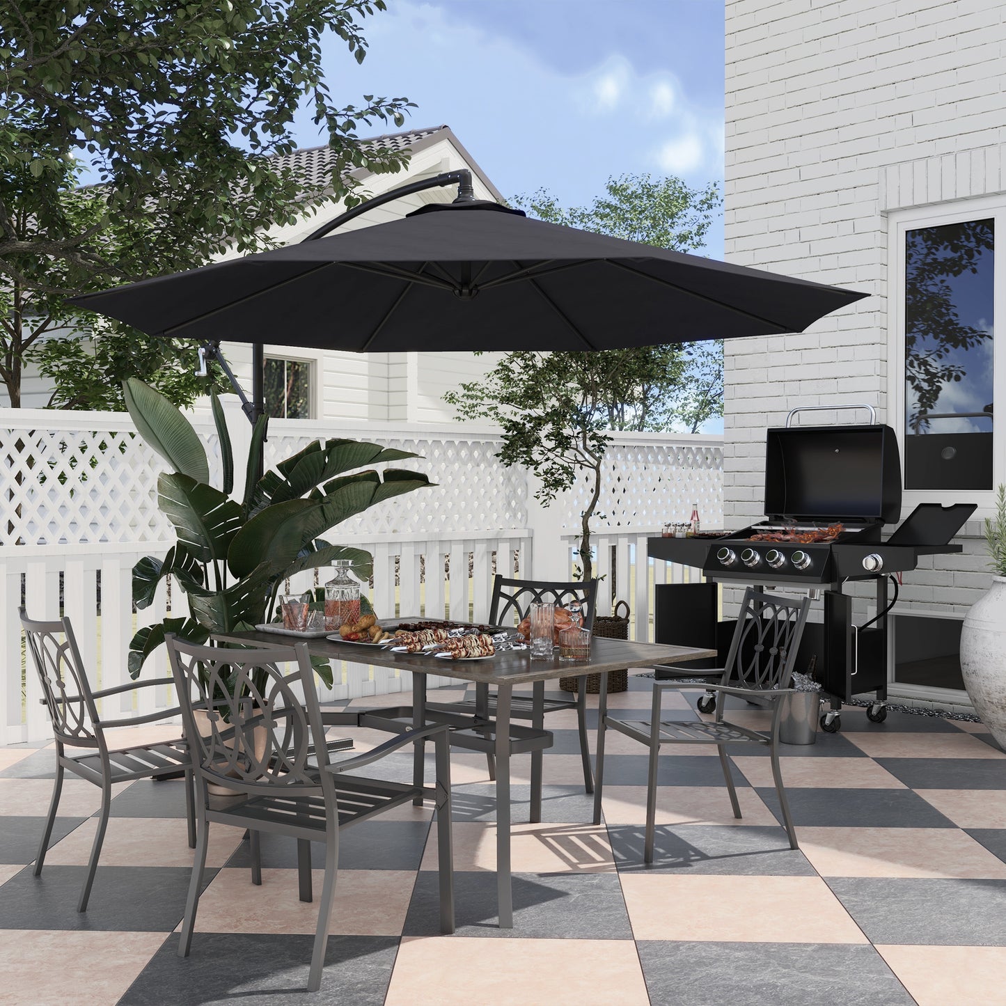 10' Deluxe Patio Umbrella Outdoor Market Parasol Banana Hanging Offset Sunshade Crank Cross Base Black
