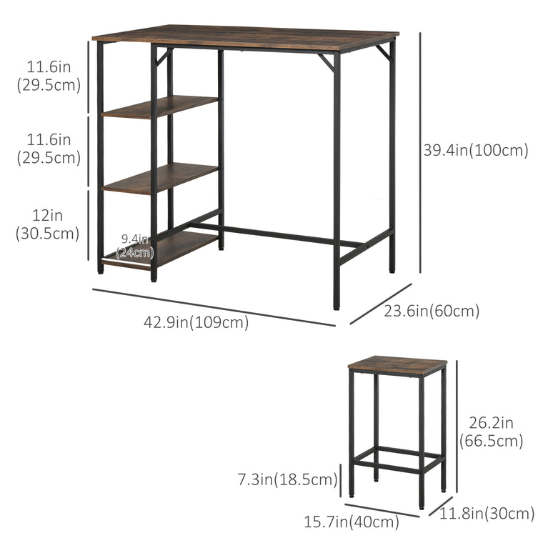 Industrial Counter Height Bar Table Set for 2 - Rustic Brown