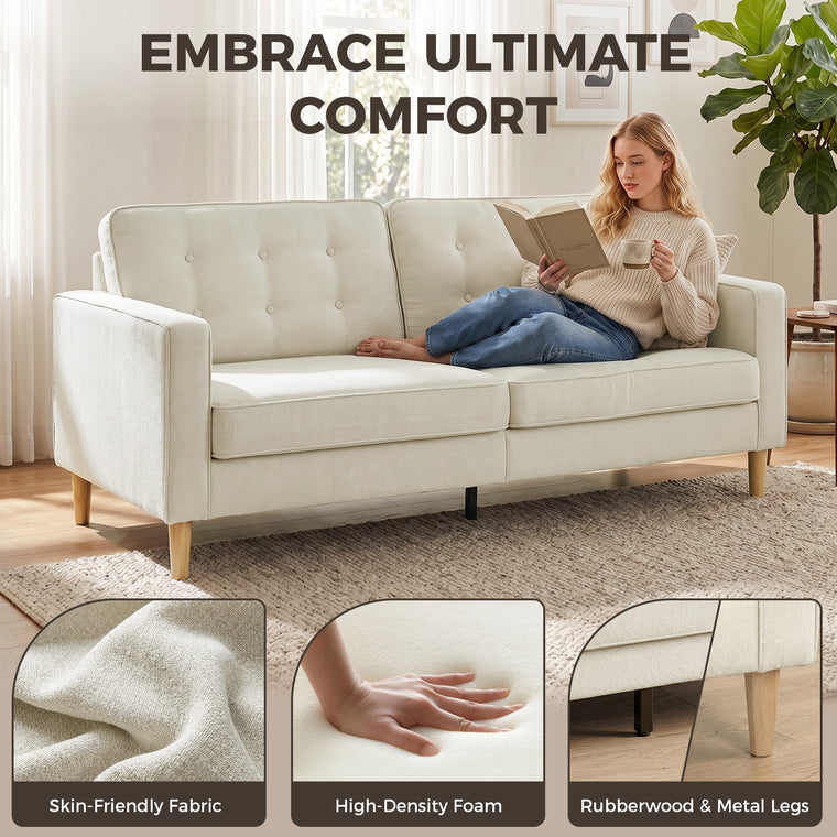 3-Seater Button-Tufted Sofa with Wood Legs