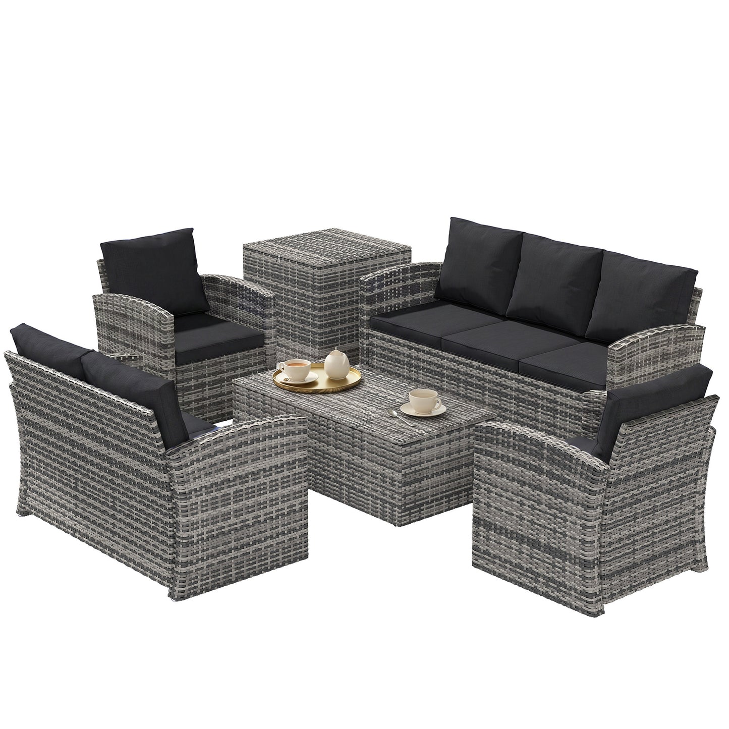 6 Pieces Wicker Patio Furniture Set with Cushions, 7-Seater Rattan Patio Sofa Set with Storage Table, Black