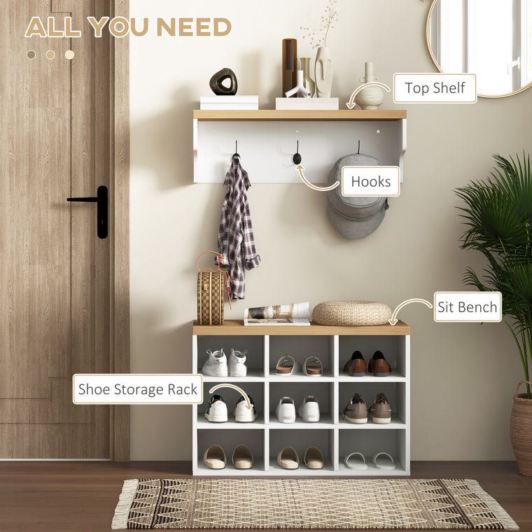 2-in-1 Hall Tree with Shoe Bench and 5 Hooks - White