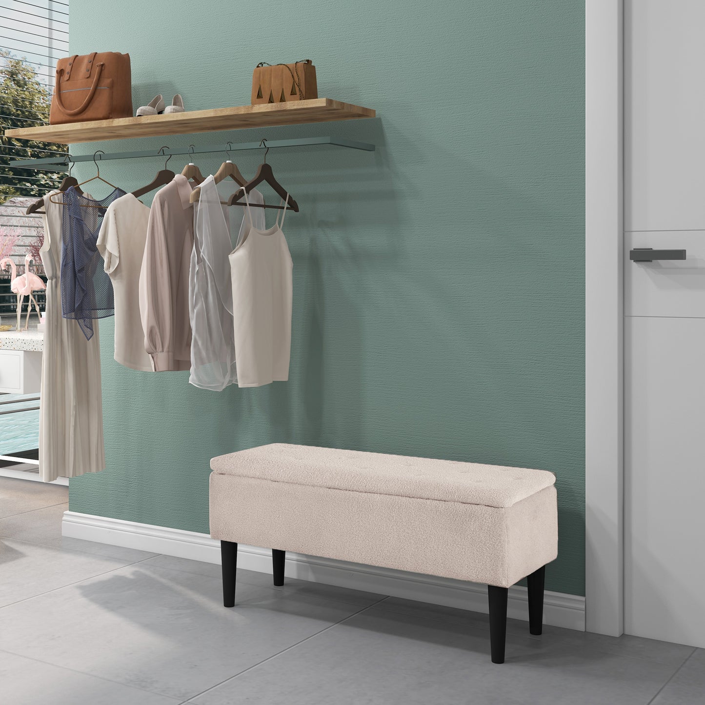 Modern Storage Bench, Ottoman with Storage and Lamb's Wool Upholstery for Living Room, Bedroom, Cream White