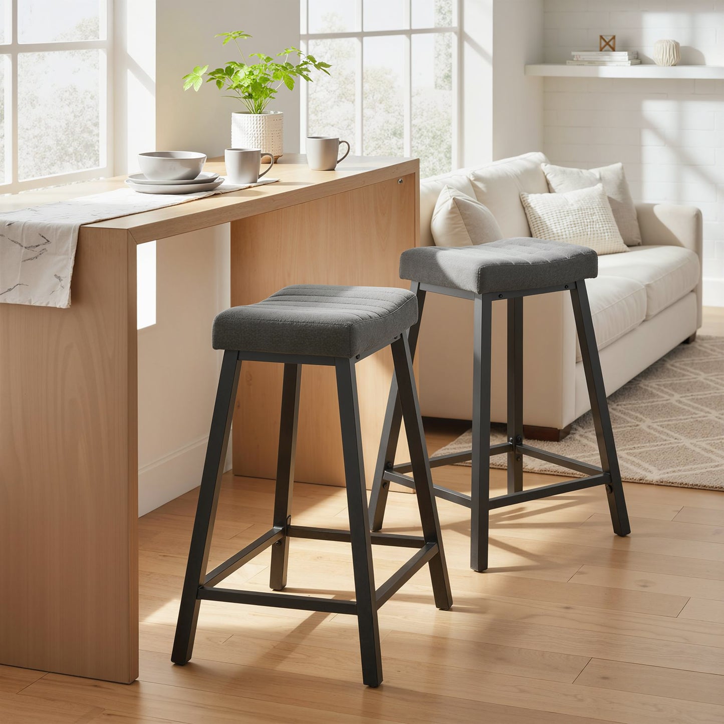 Set of 3 Bar Stools, Velvet Upholstered Counter Stools with Curved Seat and Footrest for Kitchen Island, Grey