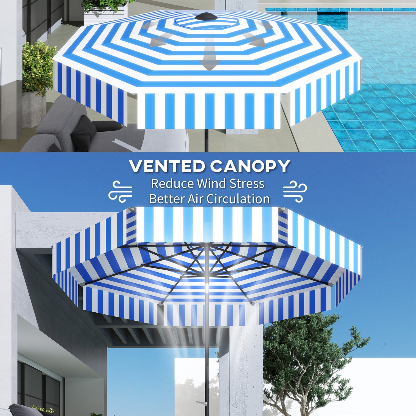 8.7FT Tilting Patio Umbrella with 8 Ribs, Crank Handle, Air Vent for Outdoor, Garden and Pool, Navy Blue